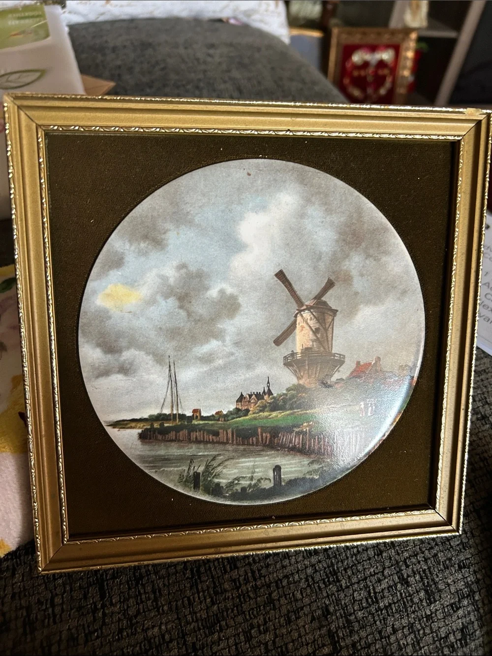 Framed Windmill Landscape Wall Art - Gold Frame, Brown Mat